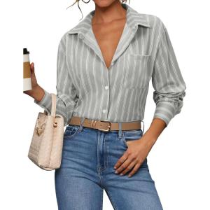 siliteelon Striped Button Down Shirts for Women Dress Shirts Long Sleeve Casual Collared Office Work Shirt with Pocket(Light Gray)
