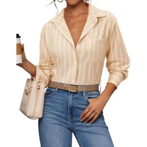 siliteelon Striped Button Down Shirts for Women Dress Shirts Long Sleeve Casual Collared Office Work Shirt with Pocket(Light Khaki)