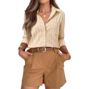 siliteelon Striped Button Down Shirts for Women Dress Shirts Long Sleeve Casual Collared Office Work Shirt with Pocket(Light Khaki Z)