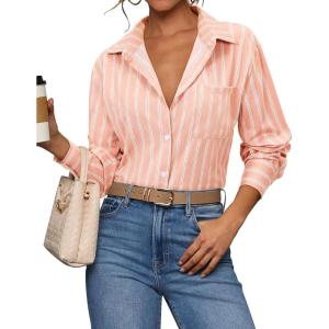 siliteelon Striped Button Down Shirts for Women Dress Shirts Long Sleeve Casual Collared Office Work Shirt with Pocket(Light Pink)