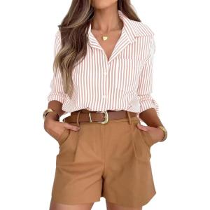 siliteelon Striped Button Down Shirts for Women Dress Shirts Long Sleeve Casual Collared Office Work Shirt with Pocket(Peach)