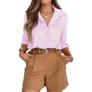 siliteelon Striped Button Down Shirts for Women Dress Shirts Long Sleeve Casual Collared Office Work Shirt with Pocket(Pink)