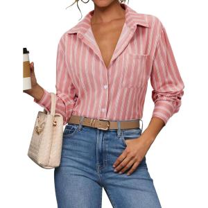 siliteelon Striped Button Down Shirts for Women Dress Shirts Long Sleeve Casual Collared Office Work Shirt with Pocket(Pink Striped)