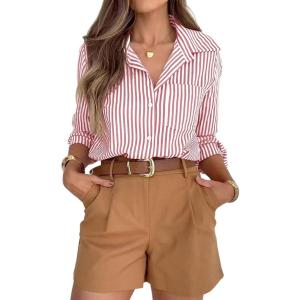 siliteelon Striped Button Down Shirts for Women Dress Shirts Long Sleeve Casual Collared Office Work Shirt with Pocket(Red)