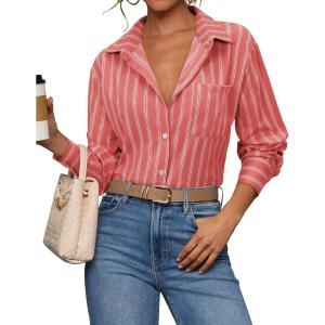 siliteelon Striped Button Down Shirts for Women Dress Shirts Long Sleeve Casual Collared Office Work Shirt with Pocket(Red Striped)