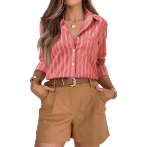 siliteelon Striped Button Down Shirts for Women Dress Shirts Long Sleeve Casual Collared Office Work Shirt with Pocket(Red Z)