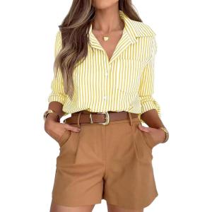 siliteelon Striped Button Down Shirts for Women Dress Shirts Long Sleeve Casual Collared Office Work Shirt with Pocket(Yellow)