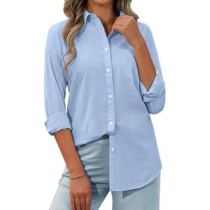 siliteelon Womens Button Down Shirt Linen Button Up Shirts for Women Long Sleeve Summer Shirt Collared Blouse Linen Tops(All Blue)