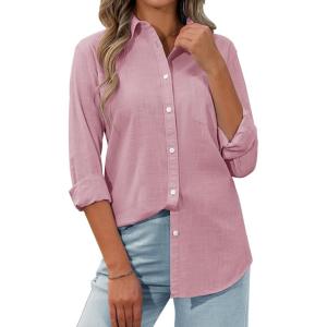 siliteelon Womens Button Down Shirt Linen Button Up Shirts for Women Long Sleeve Summer Shirt Collared Blouse Linen Tops(All Pink)