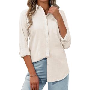 siliteelon Womens Button Down Shirt Linen Button Up Shirts for Women Long Sleeve Summer Shirt Collared Blouse Linen Tops(Beige)