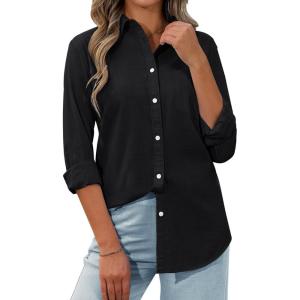 siliteelon Womens Button Down Shirt Linen Button Up Shirts for Women Long Sleeve Summer Shirt Collared Blouse Linen Tops(Black)
