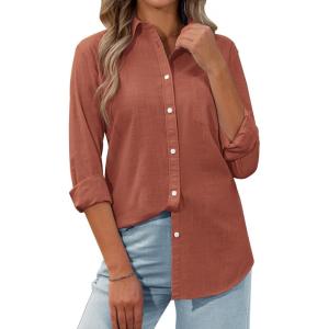 siliteelon Womens Button Down Shirt Linen Button Up Shirts for Women Long Sleeve Summer Shirt Collared Blouse Linen Tops(Brown)