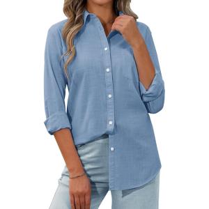 siliteelon Womens Button Down Shirt Linen Button Up Shirts for Women Long Sleeve Summer Shirt Collared Blouse Linen Tops(Denin Blue)