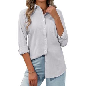 siliteelon Womens Button Down Shirt Linen Button Up Shirts for Women Long Sleeve Summer Shirt Collared Blouse Linen Tops(Gray)
