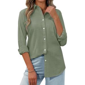 siliteelon Womens Button Down Shirt Linen Button Up Shirts for Women Long Sleeve Summer Shirt Collared Blouse Linen Tops(Green)