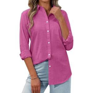 siliteelon Womens Button Down Shirt Linen Button Up Shirts for Women Long Sleeve Summer Shirt Collared Blouse Linen Tops(Hot Pink)