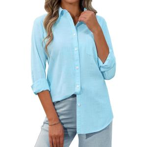 siliteelon Womens Button Down Shirt Linen Button Up Shirts for Women Long Sleeve Summer Shirt Collared Blouse Linen Tops(Lake Blue)