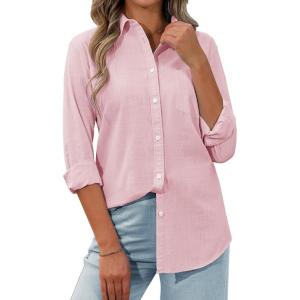 siliteelon Womens Button Down Shirt Linen Button Up Shirts for Women Long Sleeve Summer Shirt Collared Blouse Linen Tops(Light Pink)
