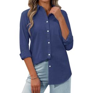 siliteelon Womens Button Down Shirt Linen Button Up Shirts for Women Long Sleeve Summer Shirt Collared Blouse Linen Tops(Navy Blue)