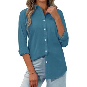 siliteelon Womens Button Down Shirt Linen Button Up Shirts for Women Long Sleeve Summer Shirt Collared Blouse Linen Tops(Peacock Blue)