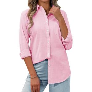 siliteelon Womens Button Down Shirt Linen Button Up Shirts for Women Long Sleeve Summer Shirt Collared Blouse Linen Tops(Pink)