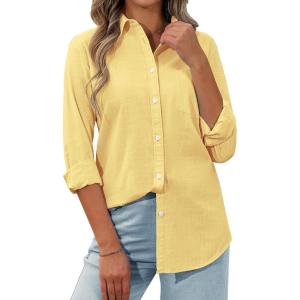 siliteelon Womens Button Down Shirt Linen Button Up Shirts for Women Long Sleeve Summer Shirt Collared Blouse Linen Tops(Yellow)
