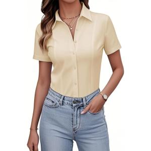 siliteelon Women’s Button Down Shirts Slim fit Short Sleeve Stretch Dress Shirts Wrinkle-Free Solid Work Blouse(Beige)
