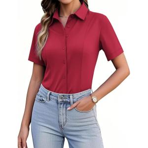 siliteelon Women’s Button Down Shirts Slim fit Short Sleeve Stretch Dress Shirts Wrinkle-Free Solid Work Blouse(Burgundy)