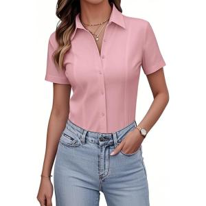 siliteelon Women’s Button Down Shirts Slim fit Short Sleeve Stretch Dress Shirts Wrinkle-Free Solid Work Blouse(Pink)