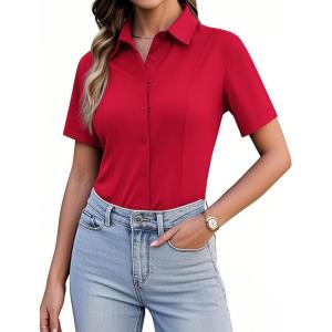 siliteelon Women’s Button Down Shirts Slim fit Short Sleeve Stretch Dress Shirts Wrinkle-Free Solid Work Blouse(Red)