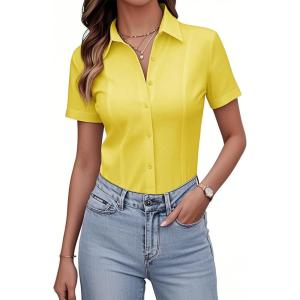 siliteelon Women’s Button Down Shirts Slim fit Short Sleeve Stretch Dress Shirts Wrinkle-Free Solid Work Blouse(Yellow)