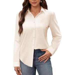 siliteelon Women’s Stain Shield Dress Shirts Wrinkle Free Long Sleeve Shirts Solid Work Business Button Down Shirts(Beige)