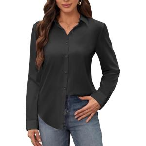 siliteelon Women’s Stain Shield Dress Shirts Wrinkle Free Long Sleeve Shirts Solid Work Business Button Down Shirts(Black)