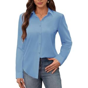 siliteelon Women’s Stain Shield Dress Shirts Wrinkle Free Long Sleeve Shirts Solid Work Business Button Down Shirts(Blue)