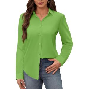 siliteelon Women’s Stain Shield Dress Shirts Wrinkle Free Long Sleeve Shirts Solid Work Business Button Down Shirts(Bud Green)
