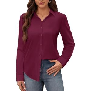 siliteelon Women’s Stain Shield Dress Shirts Wrinkle Free Long Sleeve Shirts Solid Work Business Button Down Shirts(Burgundy)