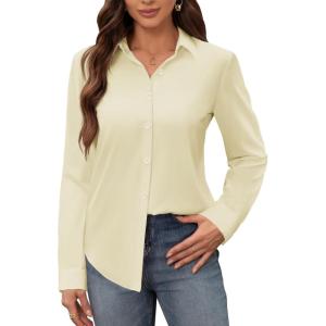 siliteelon Women’s Stain Shield Dress Shirts Wrinkle Free Long Sleeve Shirts Solid Work Business Button Down Shirts(Cream Yellow)
