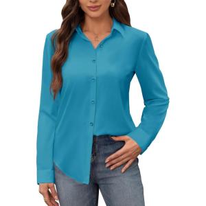 siliteelon Women’s Stain Shield Dress Shirts Wrinkle Free Long Sleeve Shirts Solid Work Business Button Down Shirts(Cyan Blue)