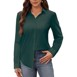 siliteelon Women’s Stain Shield Dress Shirts Wrinkle Free Long Sleeve Shirts Solid Work Business Button Down Shirts(Dark Green)