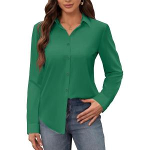 siliteelon Women’s Stain Shield Dress Shirts Wrinkle Free Long Sleeve Shirts Solid Work Business Button Down Shirts(Green)