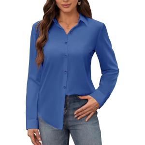 siliteelon Women’s Stain Shield Dress Shirts Wrinkle Free Long Sleeve Shirts Solid Work Business Button Down Shirts(International Klein Blue)