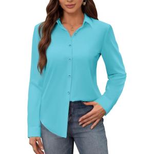 siliteelon Women’s Stain Shield Dress Shirts Wrinkle Free Long Sleeve Shirts Solid Work Business Button Down Shirts(Lake Blue)