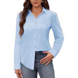 siliteelon Women’s Stain Shield Dress Shirts Wrinkle Free Long Sleeve Shirts Solid Work Business Button Down Shirts(Light Blue)