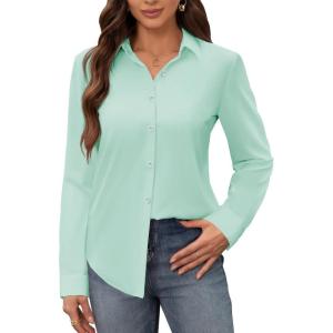 siliteelon Women’s Stain Shield Dress Shirts Wrinkle Free Long Sleeve Shirts Solid Work Business Button Down Shirts(Light Green)