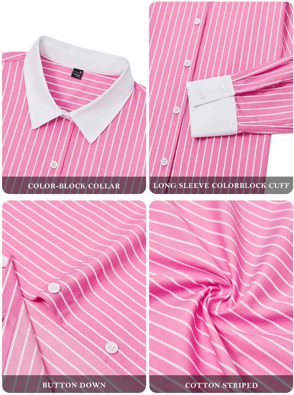 imageStriped Button Down Shirts for Women Cotton Dress Shirt Long Sleeve Collared Blouse Tops Business Office AttireAll Pink Striped
