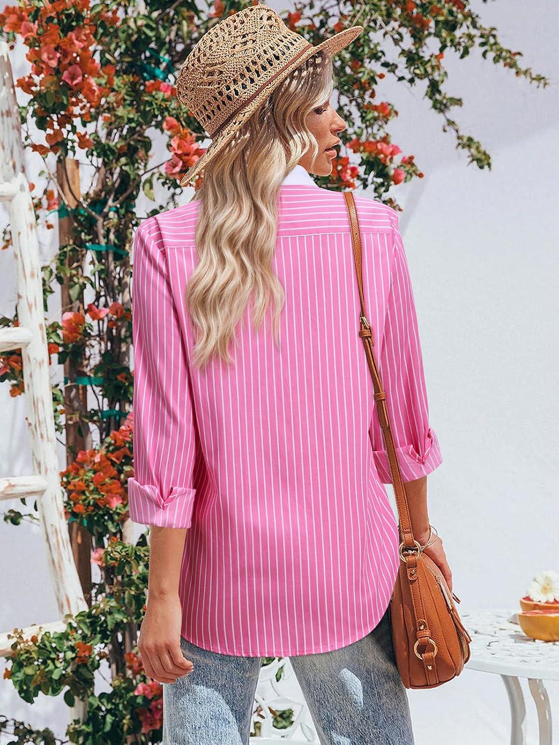 imageStriped Button Down Shirts for Women Cotton Dress Shirt Long Sleeve Collared Blouse Tops Business Office AttireAll Pink Striped