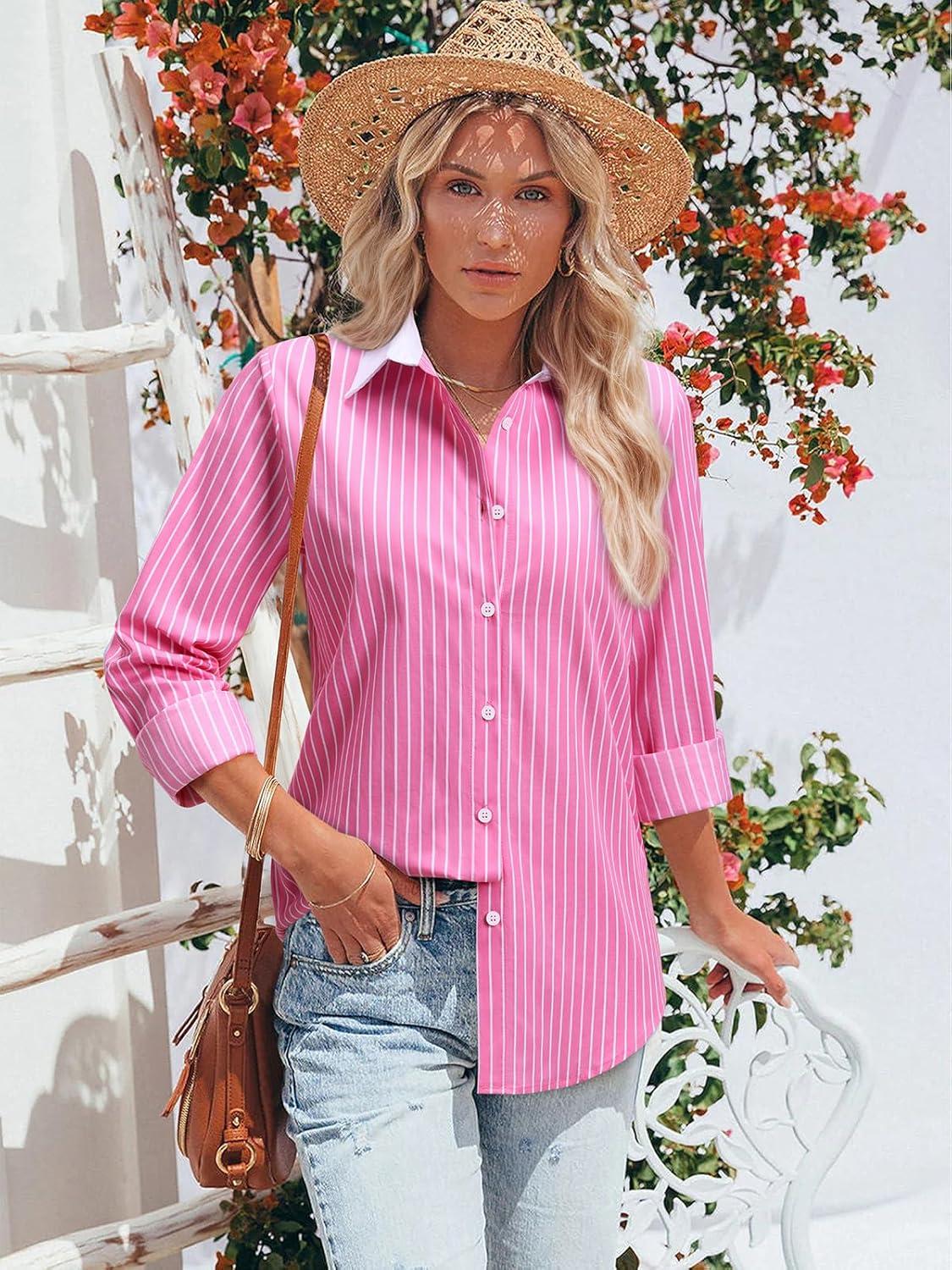 imageStriped Button Down Shirts for Women Cotton Dress Shirt Long Sleeve Collared Blouse Tops Business Office AttireAll Pink Striped