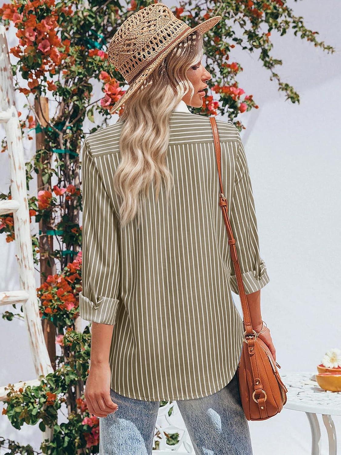 imageStriped Button Down Shirts for Women Cotton Dress Shirt Long Sleeve Collared Blouse Tops Business Office AttireD Brown White Striped