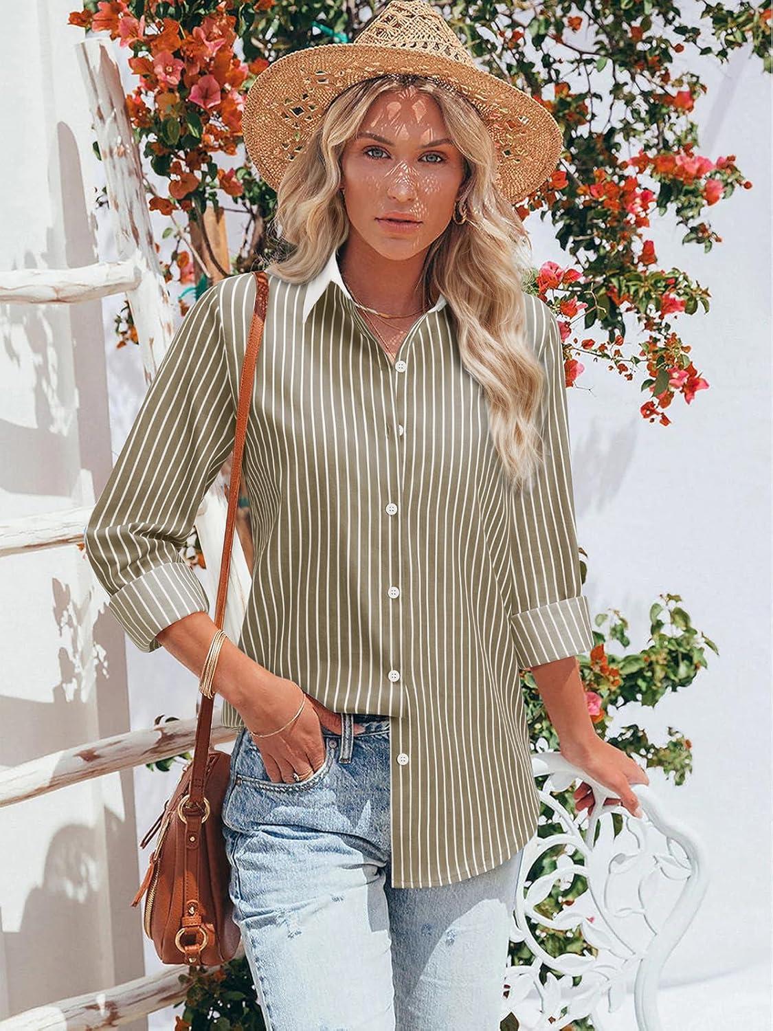 imageStriped Button Down Shirts for Women Cotton Dress Shirt Long Sleeve Collared Blouse Tops Business Office AttireD Brown White Striped