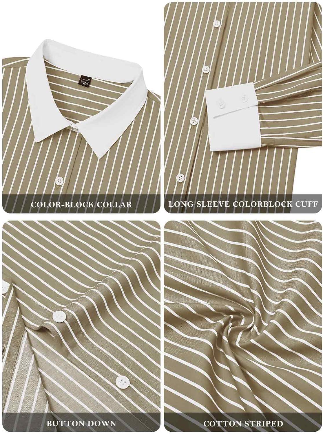 imageStriped Button Down Shirts for Women Cotton Dress Shirt Long Sleeve Collared Blouse Tops Business Office AttireD Brown White Striped